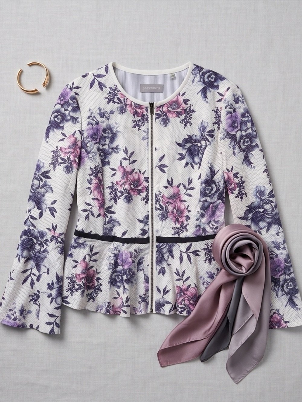 bagatelle White Floral Peplum Zip Jacket with Purple and Pink Blooms
